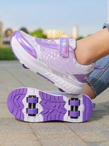 Boys/Girls/Teens Minimalist Hook & Loop Roller Skates, Quick Sliding, Convenient Slip-On/Off 4-Wheel Design, Detachable, Casual Sports Shoes - Purple - View 2