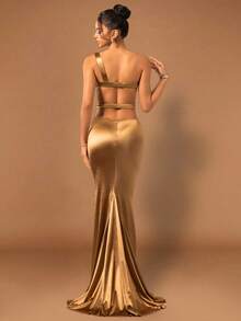 Basrey Women's Solid Color Sleeveless Pleated Mermaid Hem Fitted Elegant Bridesmaid Dress - Gold - View 6