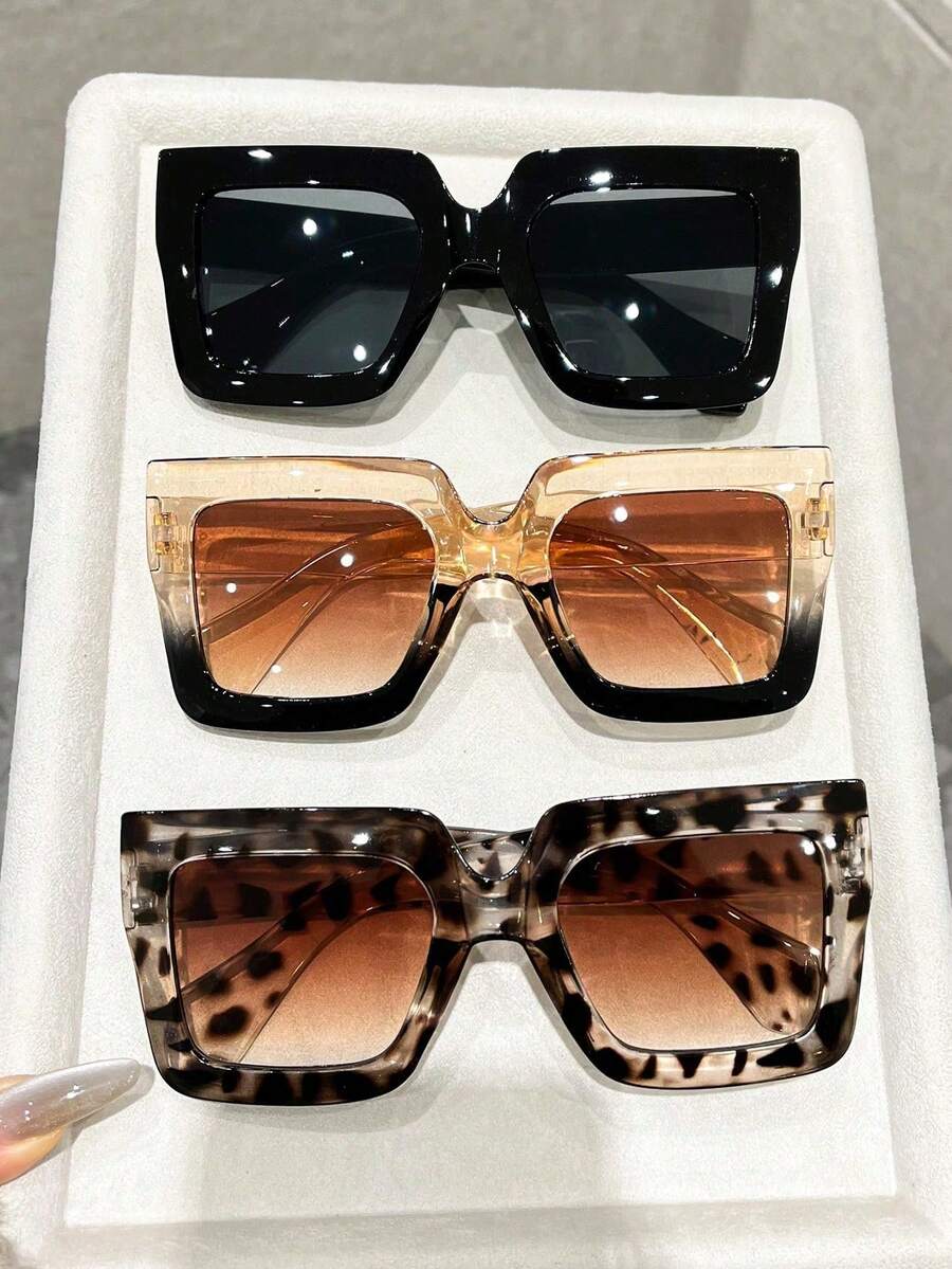 3pcs Plastic Geometric Oversized Full Frame Leopard Print Classic Retro Timeless Women's Set, Suitable For Dance Parties, Outdoor Travel, Halloween Street Photography, Music Festivals, Carnivals, Creative Fashion Glasses Accessories - 3pcs 黑灰白豆花香檳雙茶組合 - 查看 1