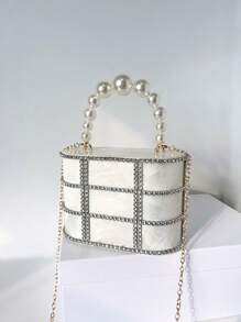 1pc Hollow-Out Rhinestone Decor Party Gala Metal Chain & Pearl Handbag For Women, Detachable