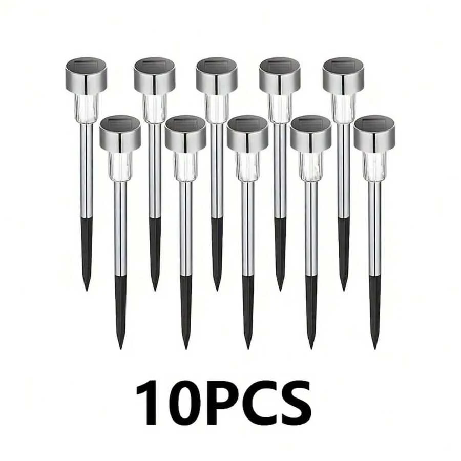 10-Piece Solar LED Lights, Outdoor Solar Stainless Steel Lights, IP44 Solar Landscape Decorative Lights,20mAh,Suitable For Courtyards, Lawns, Pathways, Decks, Driveways, Gardens, Festival Parties, And Courtyard Walkway Decoration - Ánh sáng trắng - Xem 1