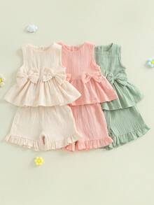 Toddler Baby Girl Summer Outfit Sleeveless Round Neck Bows Ruffle Tank Tops Shirts Elastic Waist Ruffled Short Set Linen Outfit - Green - View 1