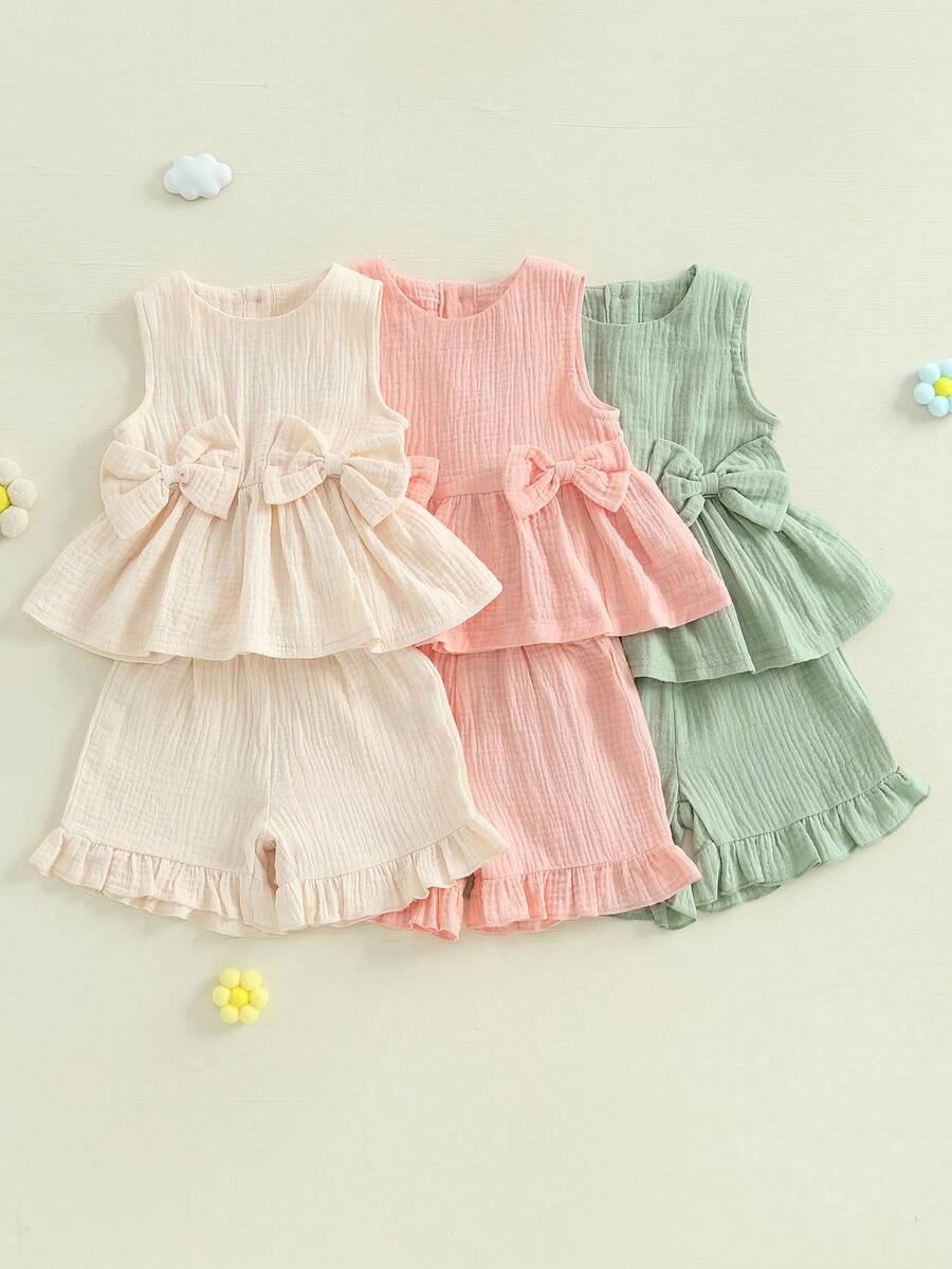Toddler Baby Girl Summer Outfit Sleeveless Round Neck Bows Ruffle Tank Tops Shirts Elastic Waist Ruffled Short Set Linen Outfit - Green - View 1