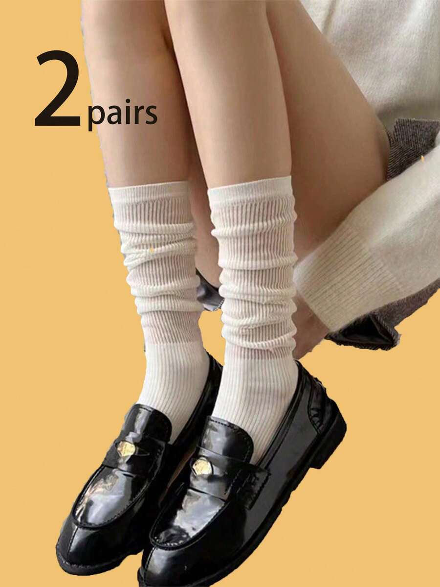 2 Pairs Thin Black, White, Gray Sweet & Transparent Mid-Calf Socks, Add Extraordinary Creativity To Ordinary Outfits - Multicolor - View 1