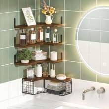 Wandregal, Eckregale, mit 4 Ebenen, L-förmiges Eckregal, Schweberegal, Bücherregal, Hängeregal, Holzregal, für Badezimmer, Küche, Schlafzimmer, Heimdekoration, Waschküche, Wohnzimmer, Dunkelbraun