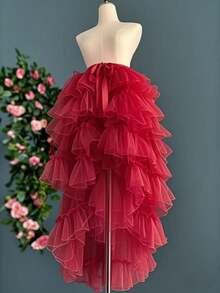 轻盈闪亮的欧式新娘洛丽塔系带三层婚纱衬裙，带拖尾，适合秋季穿着，也可作为情人节配饰。 - 紅色 - 查看 4