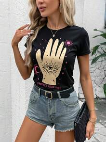 Playera Estampada Cuello Redondo Manga Corta para Mujer   Mano  Figuras  Galaxia  Geométrico  Ilustración    Casual    Las mezclas de algodón    Cintura Ajustada    Playera esmpada de mujer  Casa  Diario  Calle    todo el año - Negro - Ver 1