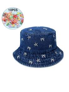 2 件套：1 顶蝴蝶结和星星刺绣渔夫帽 + 10 个随机发圈，全新青年时尚可调节透气旅行必备品，完美的节日礼物 - A - 查看 3