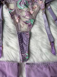 女士性感内衣套装，优雅蕾丝女士紧身胸衣泰迪内衣 3 件套，带吊袜带，Rave - 紫色 - 查看 7