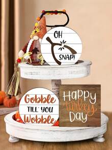 Set de 3 piezas, 1/120 Set de decoraciones de bandeja escalonada de madera 2D Feliz Día de Acción de Gracias para fiesta de otoño y decoración de mesa, letreros de madera rústicos de pavo que cacarea para decoración de mesa de granja (sin bandeja)