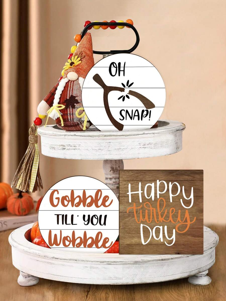 Set de 3 piezas, 1/120 Set de decoraciones de bandeja escalonada de madera 2D Feliz Día de Acción de Gracias para fiesta de otoño y decoración de mesa, letreros de madera rústicos de pavo que cacarea para decoración de mesa de granja (sin bandeja)