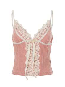 Women's Y2k Knit Cami Tank Top Fairy Lace Trim Bow Front Spaghetti Strap Deep V Neck Slim Fit Camisole Crop Tops Sexy Backless Sleeveless Vest Shirt Summer Cute Going Out Tops - Hồng - Xem 4