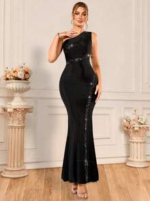 Basrey Belle Asymmetrical Neck Contrast Sequin Mermaid Hem Dress Black Elegant Formal Evening Prom Wedding Guest Gown, For Graduation, Dinner, Party Dress - Black - View 10