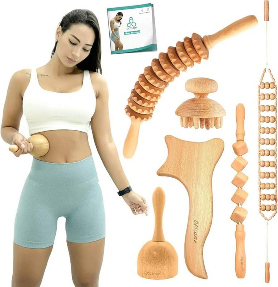 Copa de masaje de terapia de madera - Masajeador de maderoterapia para esculpir el Body, liberar la fascia y el drenaje linfático - Masaje de ventosas de madera - La maderoterapia ayuda a reducir la apariencia de la celulitis - Kit 6 en 1 - Ver 1