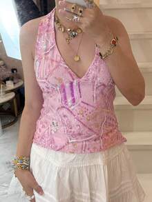 Top halter de lentejuelas para mujer, elegante, sin espalda, con escote en V, sin mangas, corte ajustado, ideal para el verano. - Rosa - Ver 2