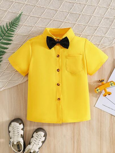 男童休闲纯色短袖领衬衫，配领结，适合夏季休闲、户外、婚礼、节日、学院、绅士