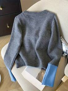 Casual Colorblock Embroidery Knitted Cardigan