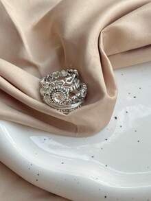 4 Pieces/Set Metal Material With Rhinestones Aged Silver Plated Women Ring Set - AN8202 8-8 - Xem 6