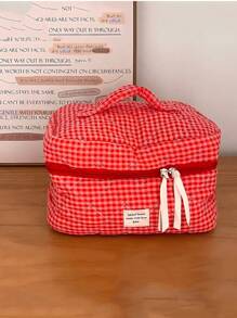 1 pieza Bolsa de maquillaje de estilo reticulado, juego de bolsos de estilo coreano acolchado en color rosa rojo, estilo Ins, elementos esenciales de vacaciones para niñas, bolsa con cremallera de gran capacidad, cartera, bolsa para tampones, bolsa de belleza con estampado de mariposa, accesorios esenciales de primavera para damas, bolsa de almacenamiento de uso diario para viajes, regalo para boda, dama de honor, Navidad, Día de la Madre, Día de la Enfermera, Día del Maestro