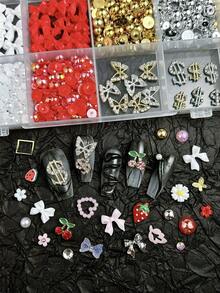 1Box Random Mixed ABS Bows Flowers Pearls Nail Charms Round Water Diamond Y2K Pink Laser Film Gold And Silver Alloy Butterfly Cherry Water Diamond Versatile Nail Art Accessories DIY - 彩色 - 查看 3