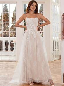 Spaghetti Strap Lace Wedding Dresses A-Line Luxury Hande Beading Bridal Gown Lace Up Back With Little Train - White - View 6