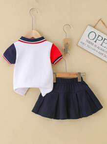 2pcs/Set Girls Elegant Pleated Skirt Set, Multi-Layer Skirt Paired With Colorblock Sleeve Polo Shirt, Slightly Stretchy Summer Outfit, Suitable For Daily And Outdoor Wear