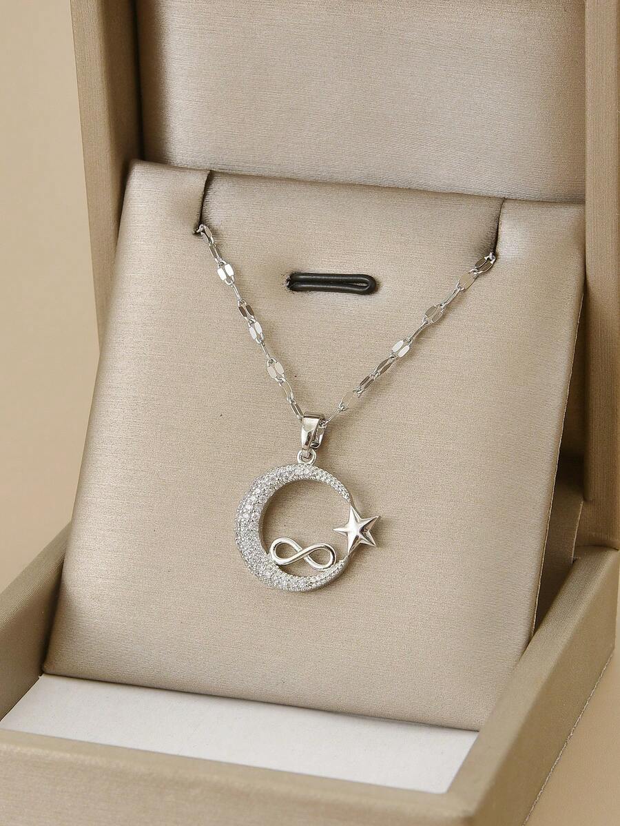 1pc Fully Rhinestone Sparkling Star & Moon Infinity Charm Stainless Steel Necklace For Women - Silver - View 1