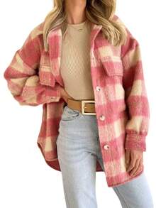 秋冬新款格纹前扣口袋落肩长袖羊毛大衣