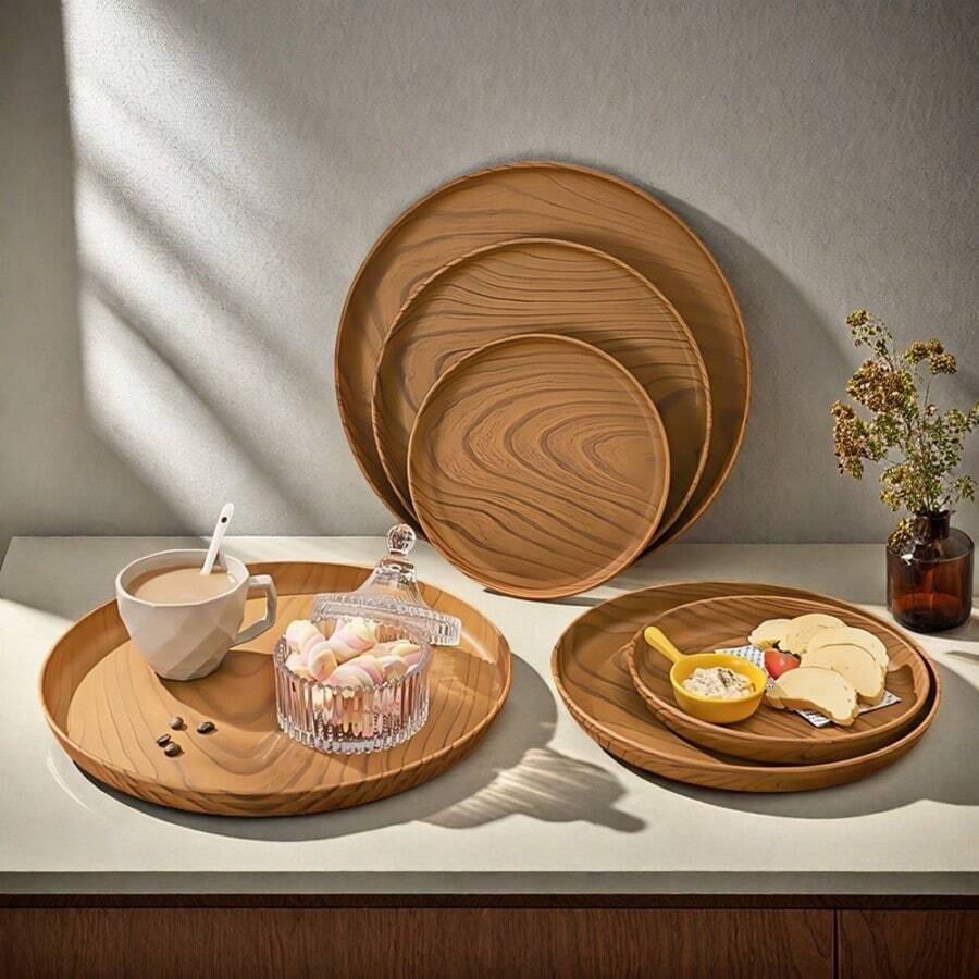 1/3pcs Set Wood Grain Non-Slip Food Tray Set - Round Multipurpose Plastic Tray, Breakfast Plate/Coffee Cup Mat/Storage Tray, Commercial & Household Durable Tableware (Faux Wood Grain PP Plastic, Dessert Bread Fruit Tray, Coffee & Tea Tray)
