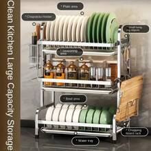 High-Quality Carbon Steel Three-Tier Dish Rack With Drainage And Separation For Dry And Wet Ware, Includes Utensil Holder, Cutting Board Holder, Bowl Holder, Cup Holder, And Drainage Pipe, Black Metal With White Accents,Perfect For Kitchen Storage