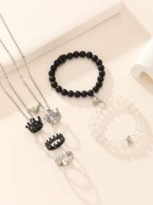 ATLVXJL 6pcs/Set Luminous Couple/Friendship Crown 3D Stainless Steel Chain Glow Magnetic Heart Necklace Bracelet Ring Set, Casual Jewelry Suitable For Daily Wear And Valentine's Day Gift