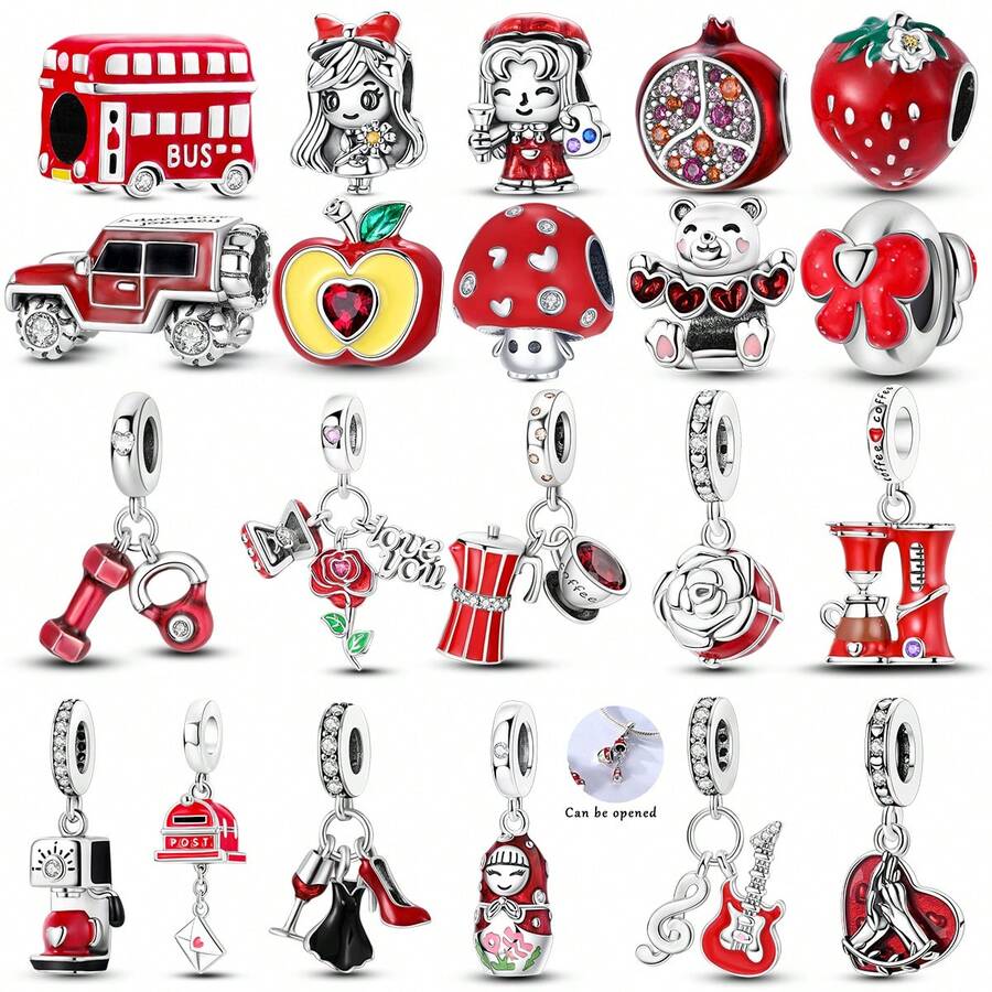 1 件银色红色珠子系列精美蝴蝶结心形苹果熊玫瑰樱桃蘑菇吊坠适用于手链项链吊坠串珠 DIY 珠宝制作完美适合女性女孩幸运礼物 - 紅色 - 查看 1