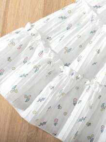 Vestido corto con estampado floral, tirantes descubiertos, mangas cortas y dobladillo con volantes, para niña, uso casual diario/al aire libre en verano