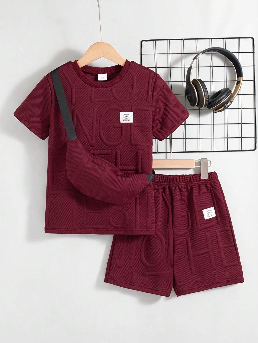 2pcs/Set Boys Daily Casual Outings Solid Color Small Logo Design Regular Fit Round Neck Short Sleeve T-Shirt And Shorts Set, Includes Hanging Bag, Boys Shorts Set For Summer