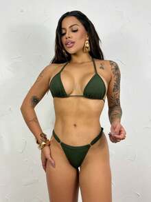 Women's Ribbon Bikini Bronze Adjustment Summer Carnival Beachwear Set - Army Green - View 3