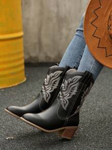 Nouvelles bottes de cowboy vintage avec imprimé brodé, bottes de randonnée mi-mollet, bottes, talon épais, augmentation de la hauteur