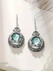 1 paire de boucles d'oreilles pendantes style bohème avec pendentifs ronds en cubic zirconia d'aigue-marine sculptés. Convient aux femmes pour un usage quotidien, des fêtes ou en cadeau de voyage
