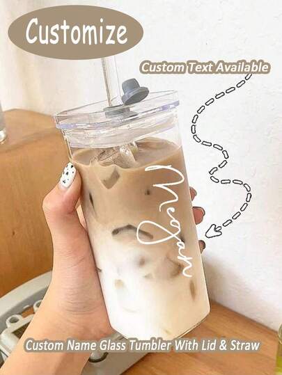 Personalized Square Glass Tumbler With Lid And Straw – Custom Name Iced Coffee Cup, Reusable Smoothie Juice Bottle, Custom Office Tumbler, Home Drinkware Personalized, Clear Glass Bottle CupClear Drinking Glass For Cold Beverages, Gifts For Women And Moms