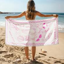 حوله شاطئ ناعمة جداً قابلة للتخصيص قياس كبير ، خفيفة الوزن ، سريعة الجفاف ، مناسبة للسباحة والتخييم والنزهة - مطبوعة باسمك - باللون الأبيض والوردي مع رسومات إكسسوارات الشاطئ