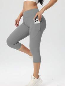 Women's High Waist Gray Yoga Sports Capris With Pockets Outdoor Gym Running Workout Bottoms Breathable High Stretch Cycling Pants - Light Grey - View 5