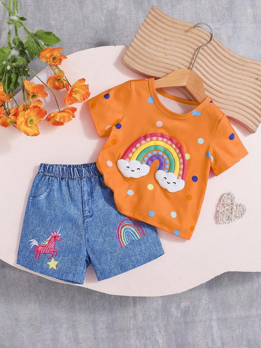 Bộ áo thun và quần short in hình mây dễ thương cho bé gái, trang phục thường ngày mùa xuân/hè. - trái cam - Xem 1