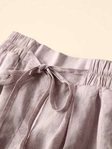 Shorts femininos casuais de linho com cordão na cintura e bolso para primavera e verão - Rosa - Ver 4
