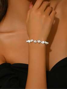 1pc Elegant Wave Pearl & Rhinestone Bracelet, Suitable For Women Wedding, Party & Daily Wear - Silver - View 11