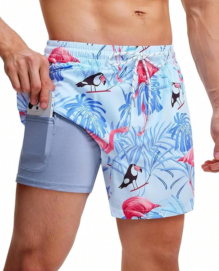 Bañadores con forro de compresión para hombres, trajes de baño para hombre con tiro de 5 pulgadas - Blanco - Ver 1