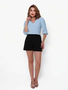 V-Neck Blouse Women's Tops Simplicity Elegant Social Basic Duna Fabric 3/4 Sleeve Puff Sleeves - 淺藍色 - 查看 4