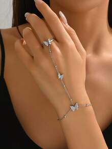 1pc Fashion Matte Stainless Steel Butterfly Linked Finger Chain Bracelet, Elegant French Style Celebration Gift For Women