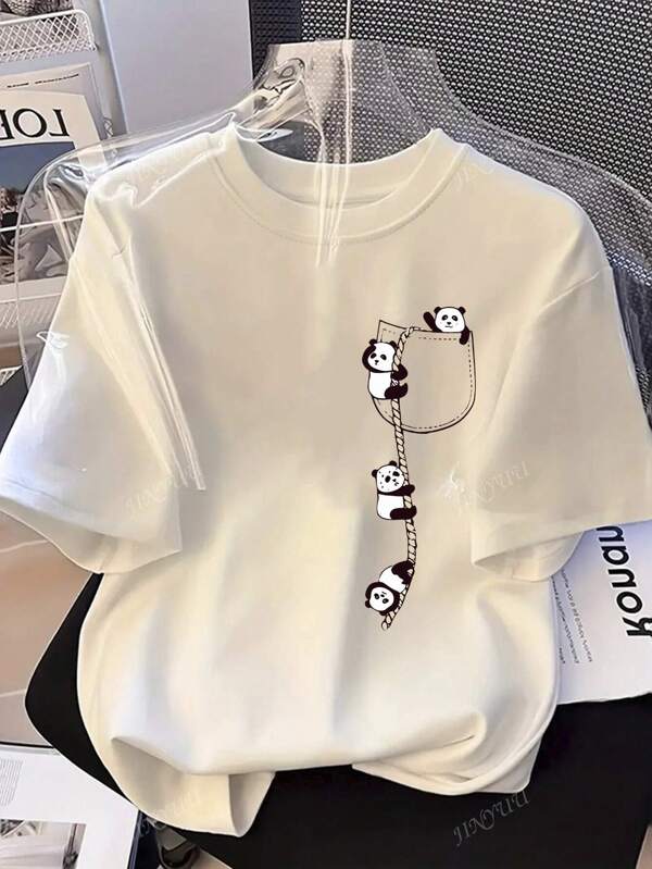 Women'S Cute Panda Print T-Shirt - Soft Knit Fabric, Short Sleeve Crew Neck, Casual & Comfortable Top For Spring & Summer, Red With Black Panda Design, Casual Wear | Playful Design | Comfortable Fit