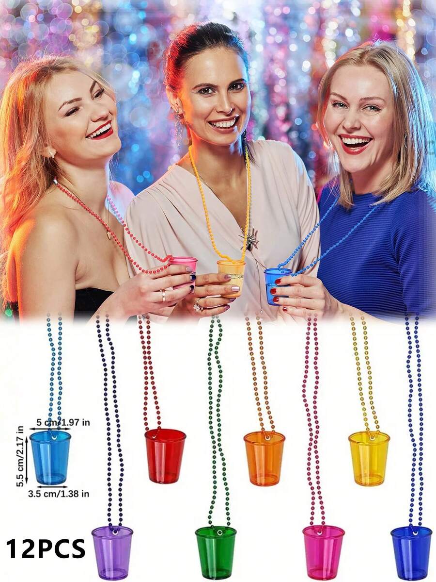 12 Collar vaso shot caballito tequilero mardi gras fiesta,suministros para despedida de soltera, carnaval, fiesta de cumpleaños, boda - Multicolor - Ver 1