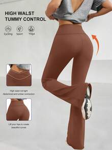 Quần ống loe nữ, Quần tập yoga polyester co giãn cạp cao, Quần ống rộng cạp chéo cổ điển, Quần legging tập luyện bó màu trơn phù hợp với mọi mùa, Quần ống loe ôm vừa vặn thường ngày có cạp chun - màu nâu - Xem 3