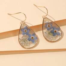 A Pair Of Real Flower Drop Glue Forget Me Not Water Drop Earrings, Suitable For Women's Daily Wear